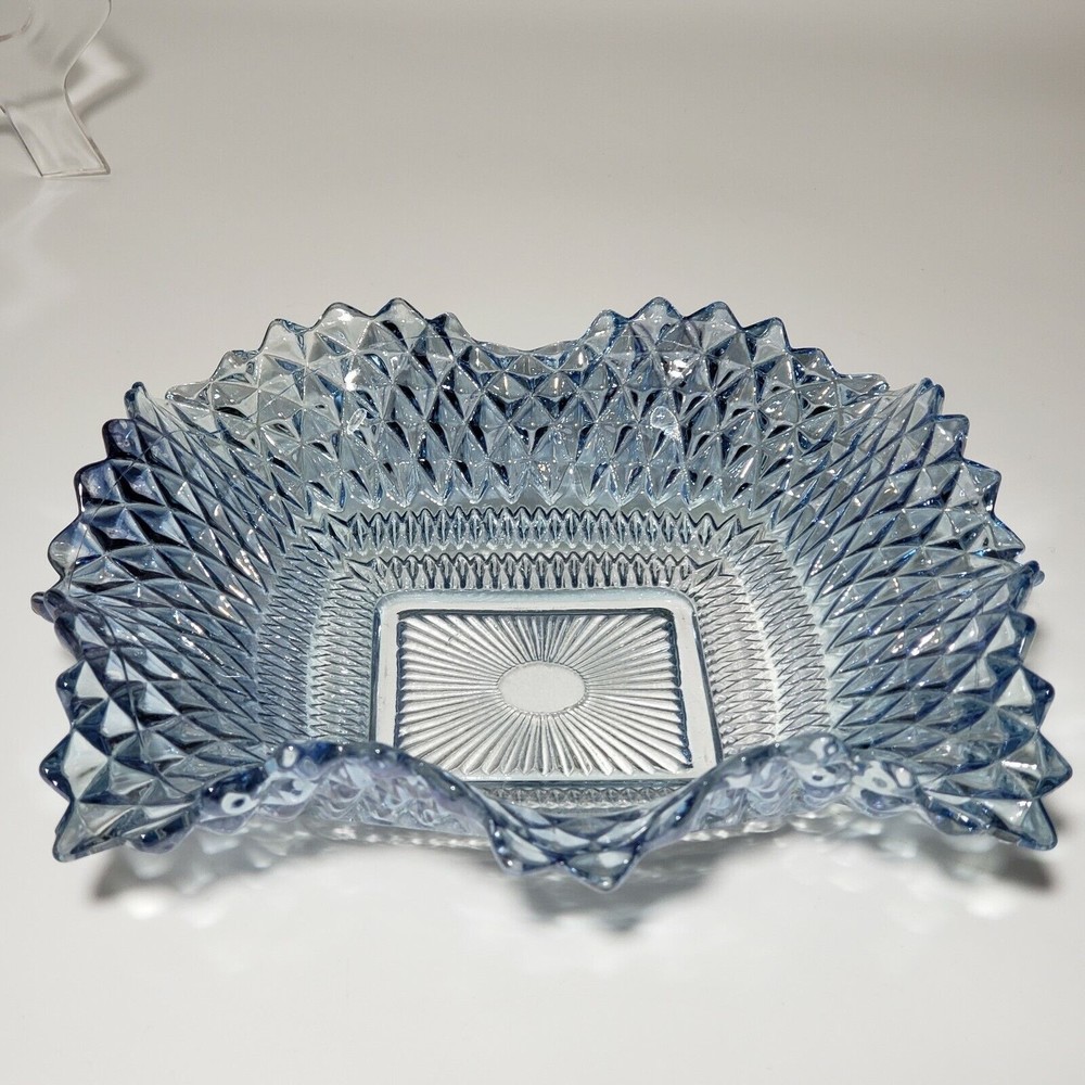 VTG FEDERAL GLASS 6-3/4" Bon Bon Bowl iridescent Blue Diamond Point Ruffled Edge
